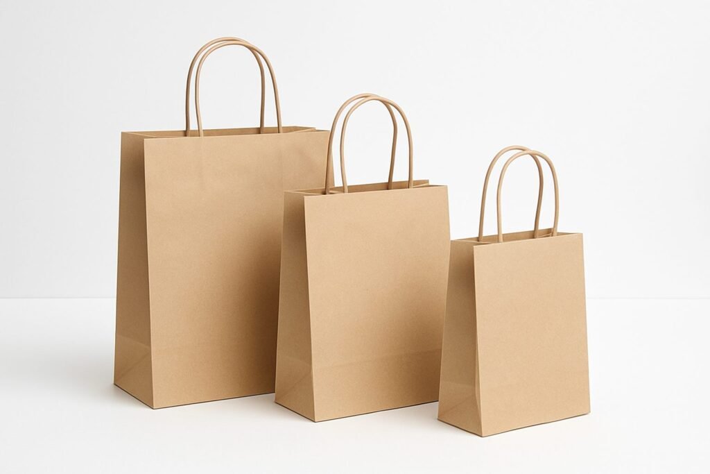 Tiga paper bag polos berbagai ukuran sebagai simbol belanja hemat dan stylish di toko ritel.