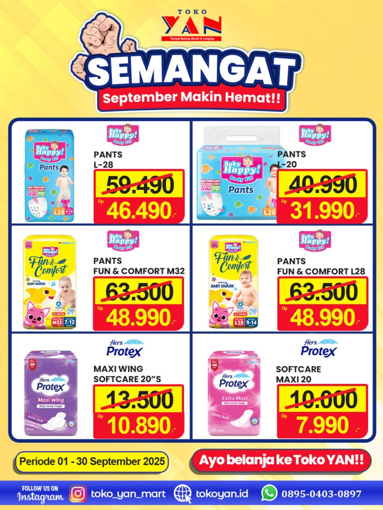 Poster promo Toko Yan periode 1–30 September 2025 dengan diskon Baby Happy Pants dan Hers Protex mulai Rp7.990.